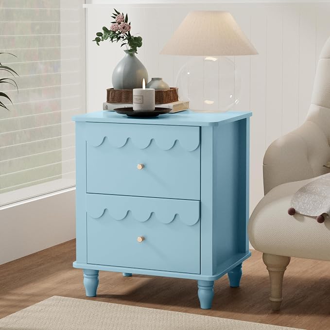 Anbuy Blue Nightstand Set of 2 with Petal Pattern, Modern Night Stand Set 2 with 2 Drawers for Bedroom, Side End Table Scalloped Bedside Night Tables with Solid Wood Legs