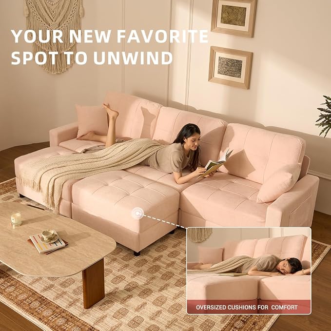 112" U Shaped Modular Cloud Sectional Couch, Waffle Fabric, Pink | Modular Deep Seat Sofa, Movable Ottoman, Pocket Spring Cushions, 2-Box Delivery, Living Room Lounge Use, Not Boneless