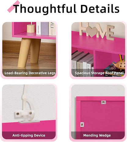 LEYAOYAO 10 Cube Bookshelf,3 Tier Modern Wide Bookcase with Legs,Mid-Century Wood Bookshelves Storage,Pink Large Book Case,Freestanding Organizer Display Shelf for Bedroom,Living Room,Office