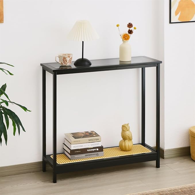 Bamboo Narrow Console Table, 31.5"(L) Wood Small Entryway Table with Rattan and Glass, Accent Slim Hallway Tables, Thin Sofa Side Tables for Hallway, Living Room, Bedroom, Foyer, Black