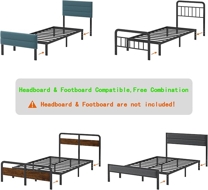 Cieemine 12 Inch Twin XL Size Bed Frames, Heavy Duty Metal Bed Frame Twin XL, No Box Spring Needed, Easy Assembly, Noise-Free, Black