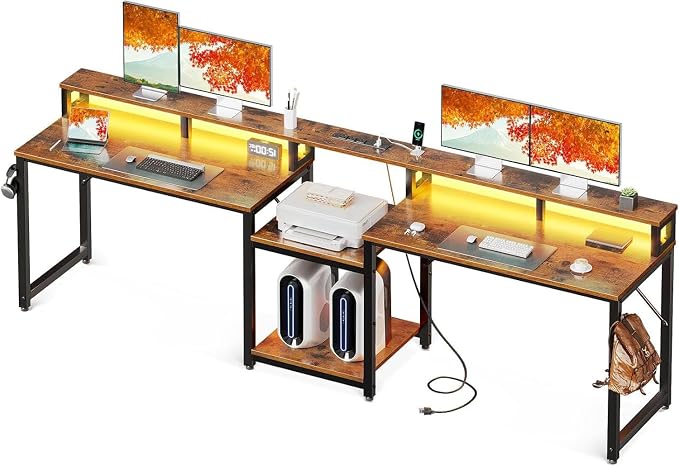 Casaottima 98 Inch 2 Person Gaming Desk with Storage Shelves, Long Double Home Office Computer Writing Desks with USB Charging Port & LED Lights, Monitor Stand, Modern Study/Work Table,Vintage
