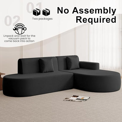 Modern Curved Boneless Sofa Couch, L-Shaped Corner Sofa, Chenille Upholstered Cloud Sectional Couch for Living Room, Bedroom and Apartment,No Assembly Needed(Black, Right Hand Facing)