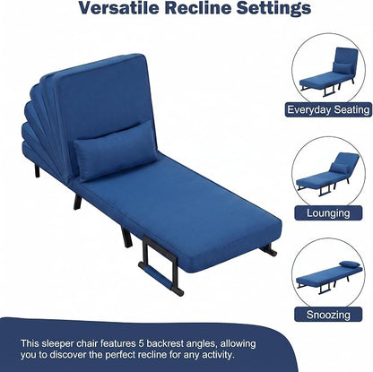 5 in 1 Convertible Bed Sleeper Chair, Chair Bed for Adults with 5 Adjustable Backrest, Folding Chaise Lounge Couch with Pillow, Comfortable for Living Room Bedroom Apartment Office, Blue