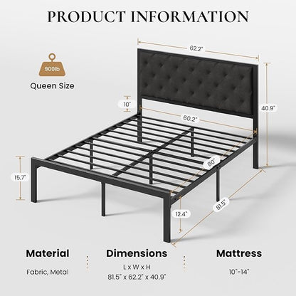 SHA CERLIN Queen Size Metal Bed Frame and Linen Tufted Headboard, Dark Gray | Modern Design Heavy-Duty Platform Bed, No Box Spring Need, Linen Fabric Upholstery, Noise Free, Easy Assembly