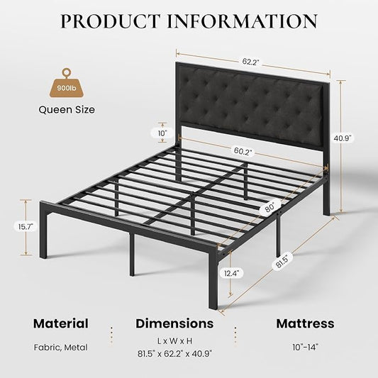 SHA CERLIN Queen Size Metal Bed Frame and Linen Tufted Headboard, Dark Gray | Modern Design Heavy-Duty Platform Bed, No Box Spring Need, Linen Fabric Upholstery, Noise Free, Easy Assembly