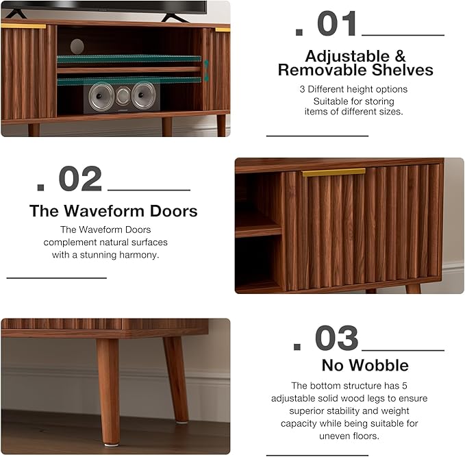 LCRBOL TV Stand with Fluted Doors for TVs up to 65", Mid-Century, Walnut | 54.3"W x 15.3"D x 19.6"H, 150 lbs capacity, 2 fluted door cabinets & 2 adjustable shelves, cable holes, 5 tapered legs