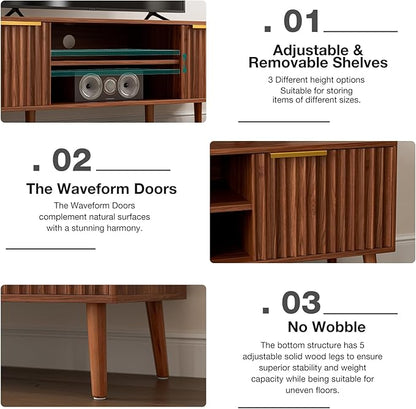 LCRBOL TV Stand with Fluted Doors for TVs up to 65", Mid-Century, Walnut | 54.3"W x 15.3"D x 19.6"H, 150 lbs capacity, 2 fluted door cabinets & 2 adjustable shelves, cable holes, 5 tapered legs