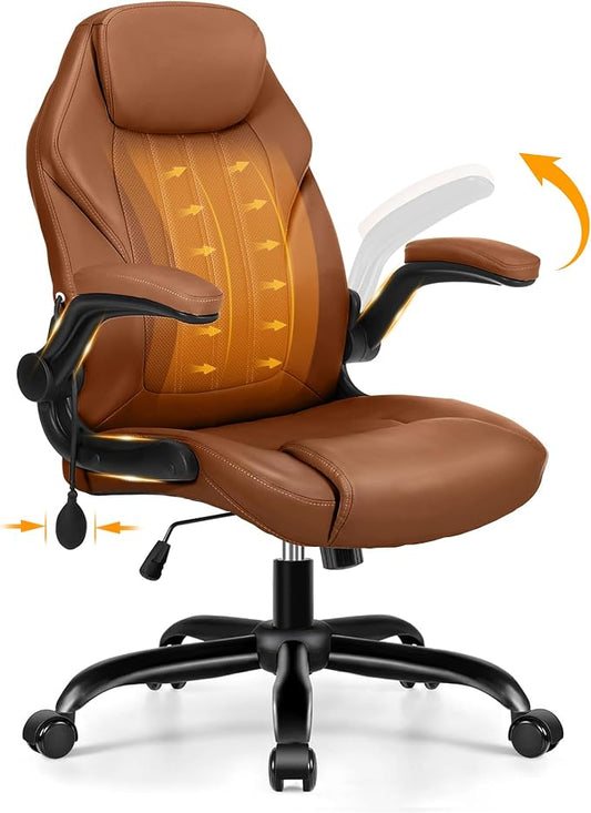 Ylzyxal Office Desk Chair, Ergonomic Computer Chair with Padded Flip-Up Arms and Adjustable Lumbar Support, PU Leather Executive Chair with Tilt Lock and 360° Swivel Rolling Wheels for Work, Study
