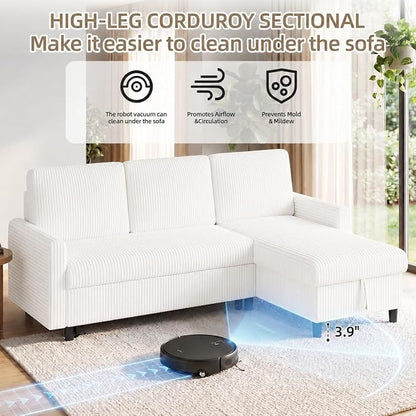 JAMFLY Pull Out Sleeper Sectional Sofa, L Shaped Corduroy Couch with Hidden Storage, Convertible Sofa Bed for Small Living Rooms and Apartments, White