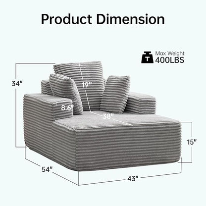 Boneless Chaise Lounge Chair, 54" Oversized Cloud Couch Sofa with Deep Seat, Plush Corduroy Reading Chair for Living Room, Bedroom, Reading Nook, Apartment, Gaming Room & Movie Nights, Gray