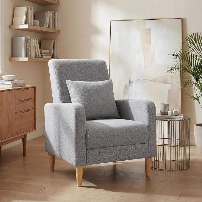 COLAMY Mid-Century Modern Accent Chair, Fabric Upholstered Living Room Chair with Back Pillow & Solid Wood Legs, Comfy Armchair for Living Room, Bedroom, Single Sofa, Grey
