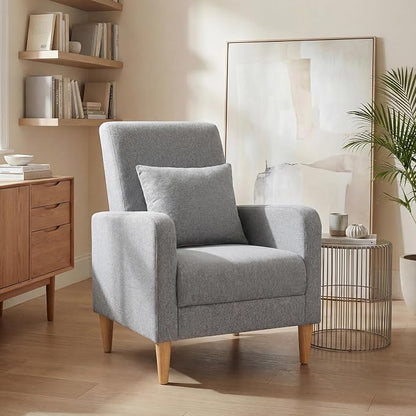 COLAMY Mid-Century Modern Accent Chair, Fabric Upholstered Living Room Chair with Back Pillow & Solid Wood Legs, Comfy Armchair for Living Room, Bedroom, Single Sofa, Grey