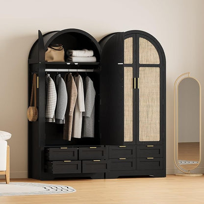 Armoire Wardrobe Closet with 4 Drawers - 2 Wood Bedroom Armoires and Wardrobes with Rattan Doors for Hanging Clothes, Clothing Cabinet Arched Closets for Cloak Room, 2 Wardrobes, Black