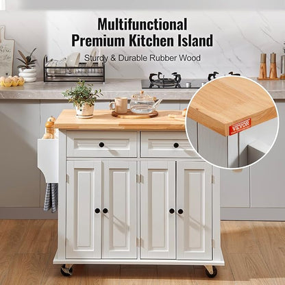 VEVOR Kitchen Island Cart with Solid Wood Top, 35.4" Width Mobile Carts with Storage Cabinet, Rolling Kitchen Table with Spice Rack, Towel Rack, and Drawer, Portable Islands on Wheels, White | Rolling Kitchen Table with Storage Cabinet, Spice Rack, Tow...