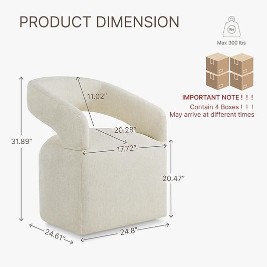 KISLOT Upholstered Dining Chairs Set of 4, Modern Arm Kitchen & Dining Room Chairs with Hidden Casters, Linen Fabric Padded Rolling Chairs, Sturdy Wood Frame, 300 lbs Capacity, Cream Beige