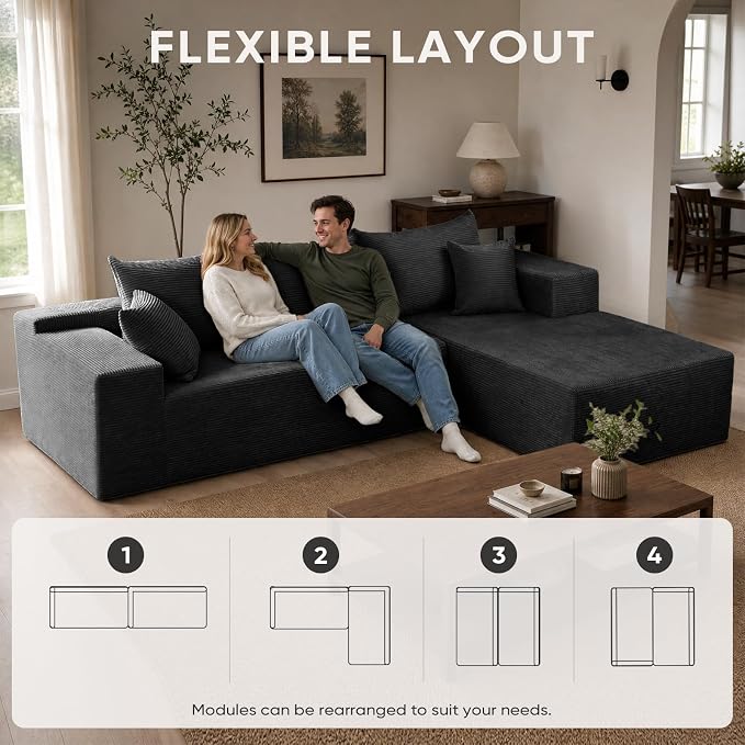 Boneless Couch, 102.4" Sectional Couches for Living Room with L Shape Sofa | Cloud Couch Sectional with Chaise, Modular Cloud Sofa with Deep Seat, No Assembly, Black, Corduroy, Right Chaise