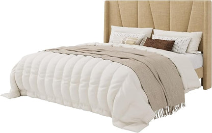 SHA CERLIN Queen Size Bed Frame with Geometric Wingback Headboard, Upholstered Platform Bed with Wooden Slats Support, 8" Under-Bed Space, No Box Spring Needed, Easy Assembly, Beige