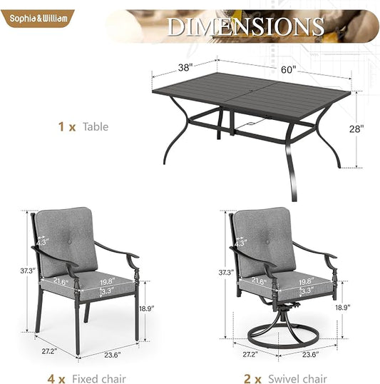 Sophia & William 7 Piece Outdoor Patio Dining Set, Patio Table and Chairs Set for 6, Fixed and Swivel Patio Chairs with Cushions and Rectangular Table, Outdoor Dining Set for Backyard, Poolside