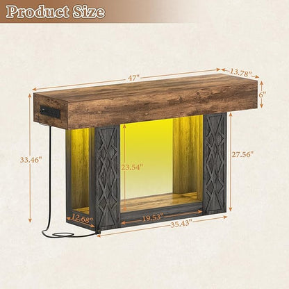 Unikito 47" Console Table with Outlets & LED Lights, Farmhouse Entryway Table with Unique Geometric Pattern, Sofa Table Behind Couch with 2-Tier Storage for Living Room, Hallway, Foyer, Grey & Brown