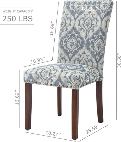 COLAMY Upholstered Parsons Dining Chairs Set of 2, Fabric Dining Room Kitchen Side Chair with Nailhead Trim and Wood Legs - Blue/White Flower