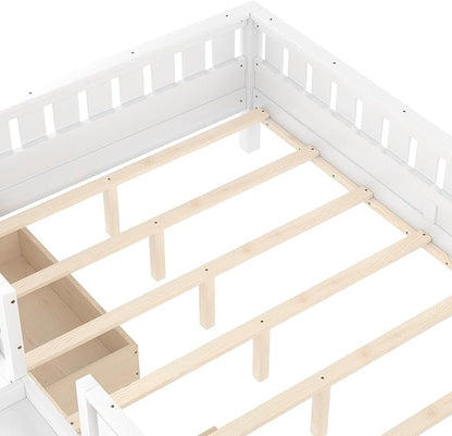 Bellemave Queen Size Bed with Slats and Stairs, Queen Size Platform Bed Frame with Fence, Bookshelf and Storage Drawers, Easy Assemble Beds for Girls, Boys, White