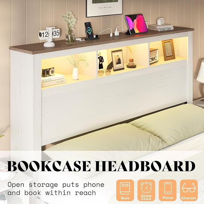 AMERLIFE 3-piece Farmhouse Bedroom Furniture Set, Includes 1 King LED Platform Bed Frame with Bookcase Storage Headboard, Footboard & Charging Station, and 2 Nightstands with Drawers, Distressed White