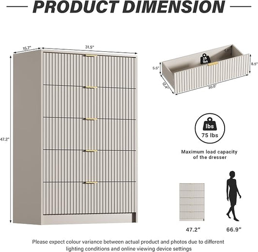 Furniway Beige Dresser for Bedroom, Modern Dresser with 5 Drawers and Smooth Slides, Wide Chest of Drawers with Golden Handles for Bedroom, Living Room, Closet, 15.7" D x 31.5" W x 47.2" H