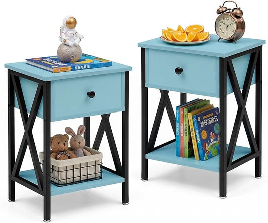 VECELO Nightstands Set of 2, Modern Bedside End Tables, Night Stands with Drawer and Storage Shelf for Living Room Bedroom, Industrial Metal Frame