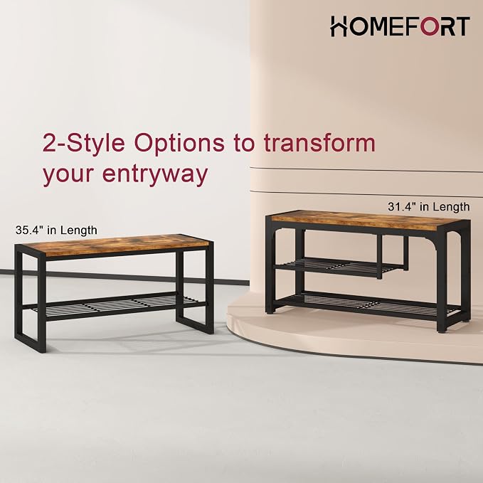 HOMEFORT Shoe Bench,3 Tiers Shoe Rack Bench,31.5" Shoe Storage Bench for Entryway, Retro Industrial Entry Bench with Mesh Shelves and Boot Storage,for Front Door Entrance, Rustic Brown