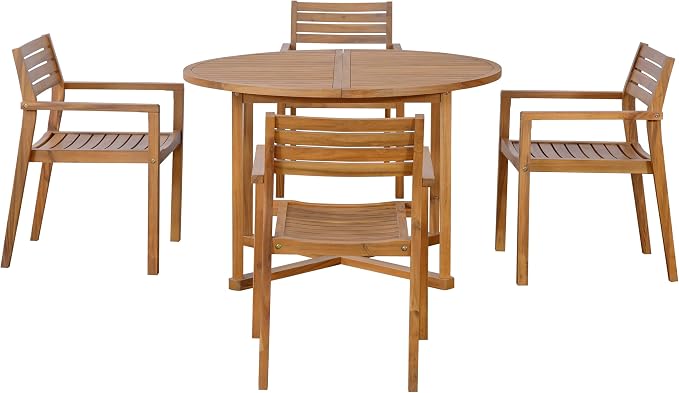 Quarte 5-Piece Outdoor Dining Set with 4 Acacia Wood Chairs,47.2" Round Dining Table with Slatted Design, Ideal for Patios, Gardens, Poolsides, and Lawn Areas & Indoor (Natural-2r)