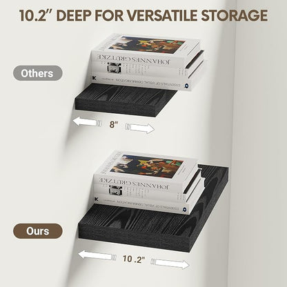 Vivelove 10.2 Inches Floating Shelves Wall Mounted, 10" Deep Wall Shelves for Bedroom, Bathroom, Living Room, Kitchen, Office, Home Decor, Modern Shelf, Set of 2, Black, 10.2x10.2x1.5