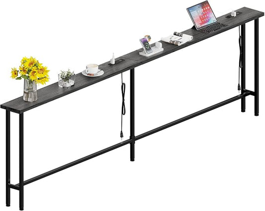 GRLEAF 90" Sofa Table with Built-in Power Strip (4 AC Outlets & 4 USB Ports) – 4.9ft Power Cord, Metal Frame, Easy Assembly, Long Couch Table Behind Sofa, Living Room and Home Office | Charcoal Gray