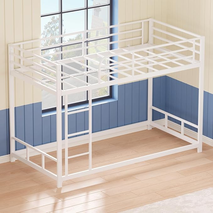 Low Metal Bunk Bed Frame for Kids, with Built-in Ladder, High Guardrail and Metal Slats, Floor Bed Bottom Bunk, No Boxspring Required, for Small Spaces, Twin-Over-Twin (Silver)