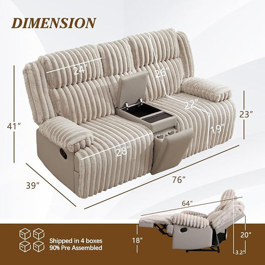 Oversized Reclining Loveseat with Hidden Cup Holders & Wireless Charger, Manual Double Recliner Sofa, Wall Hugger Loveseat Recliner with USB Ports for Living Room (Beige, Loveseat)