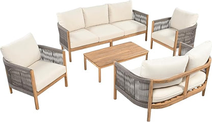 Christopher Knight Home Havets 5 Pieces Outdoor Acacia Furniture Set, Woven Rope Loveseat and Accent Club Chairs, 6" Thick Cushions Sofa and Coffee Table Set for Backyard Garden Balcony, Gray+Beige