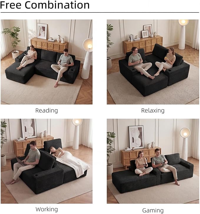 104" L Shaped Boneless Sectional Couches for Living Room, Comfy Corduroy Floor Cloud Sofa with Chaise and Cup Holder, Wide Armrest, Deep Seat, Assembly Free, Ideal for Small Spaces, Black