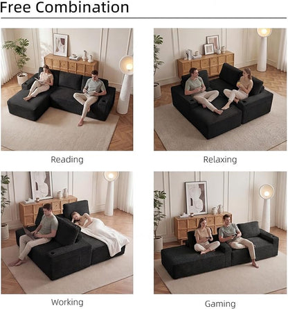 104" L Shaped Boneless Sectional Couches for Living Room, Comfy Corduroy Floor Cloud Sofa with Chaise and Cup Holder, Wide Armrest, Deep Seat, Assembly Free, Ideal for Small Spaces, Black
