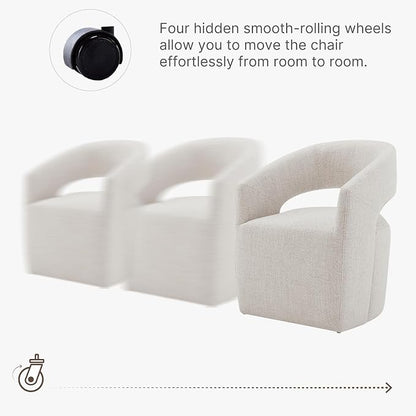 KISLOT Upholstered Dining Chairs with Casters, No Assembly Modern Barrel Armchair with Rollers for Dining Room, Bedroom, Living Room, Reading Room, Home Office, Set of 2, Beige