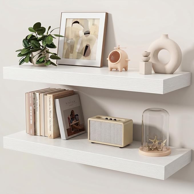 Floating Shelves for Wall, 32 Inch x 8 Inch Deep Wall Mounted Wood Shelf with Invisible Brackets for Storage & Display, Living Room Bedroom Kitchen, White, Set of 2