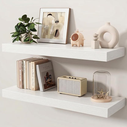 Floating Shelves for Wall, 32 Inch x 8 Inch Deep Wall Mounted Wood Shelf with Invisible Brackets for Storage & Display, Living Room Bedroom Kitchen, White, Set of 2