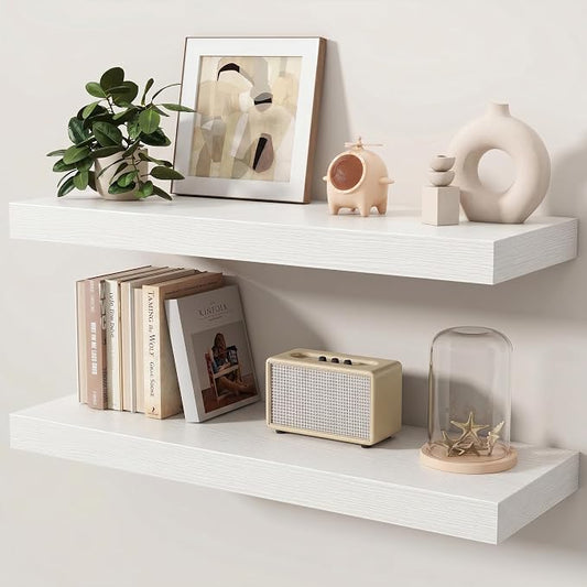 Floating Shelves for Wall, 32 Inch x 8 Inch Deep Wall Mounted Wood Shelf with Invisible Brackets for Storage & Display, Living Room Bedroom Kitchen, White, Set of 2