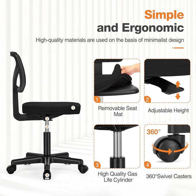 Sweetcrispy Ergonomic Low-Back Mesh Small Office Chair, Rolling Work Swivel Chairs with Wheels, Armless Comfortable Seat Lumbar Support for Home, Bedroom, Study, Student, Adults, New Black