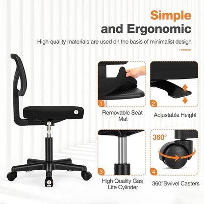 Sweetcrispy Ergonomic Low-Back Mesh Small Office Chair, Rolling Work Swivel Chairs with Wheels, Armless Comfortable Seat Lumbar Support for Home, Bedroom, Study, Student, Adults, New Black