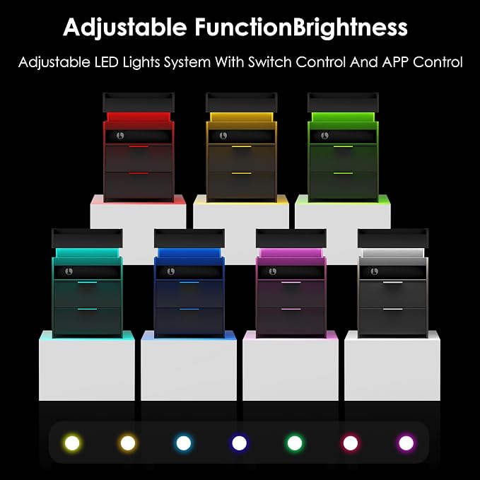 Black Nightstand with Charging Station, Hidden Sliding Top Compartment with USB-C, 2 USB Ports & 2 Outlets, Modern Night Stand with Drawers for Bedroom