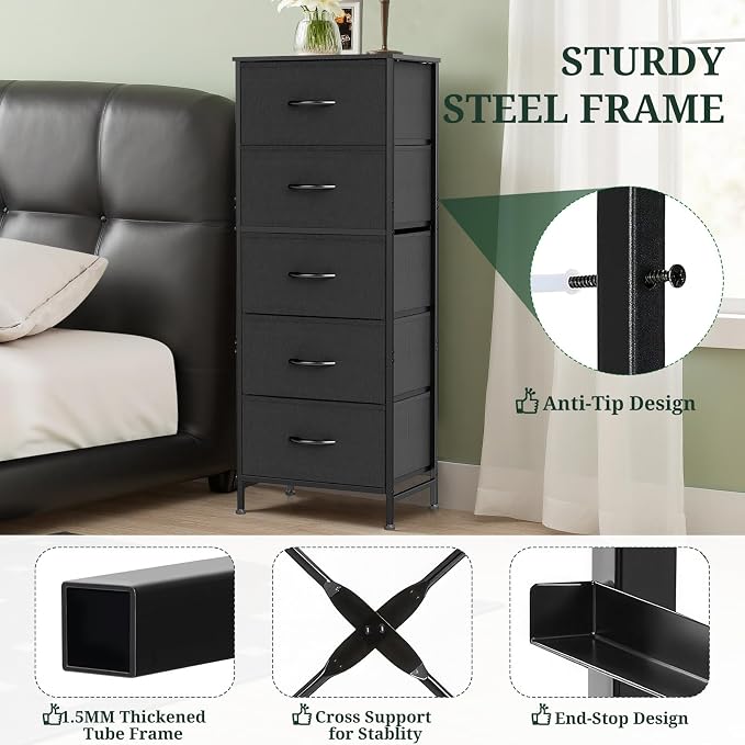 5 Drawers Dresser for Bedroom, Fabric Storage Tower Organizer with Wooden Top and Steel Frame, Tall Chest of Drawers for Closet, Entryway, Dorm, Black
