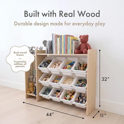 Humble Crew Toy Storage Organizer with Stuffed Animal Storage, 12 Removable Storage Bins for Kids Playroom, Toy Organization and Storage, Solid Wood, Natural/White