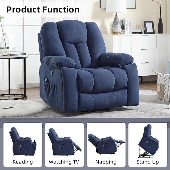 CANMOV Power Lift Recliner Chair with Massage and Heat for Elderly, Overstuffed Wide Recliners, Heavy Duty and Safety Motion Reclining Mechanism with USB Ports, 2 Concealed Cup Holders, Navy Blue