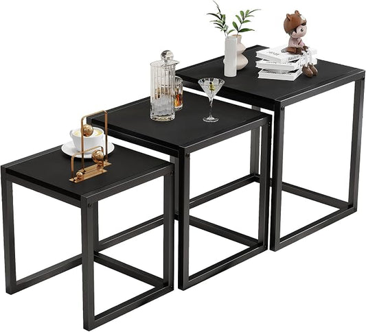 Nesting Table Set of 3 Side Tables, Modern Coffee Table Stacking End Table with Metal Frame，Black