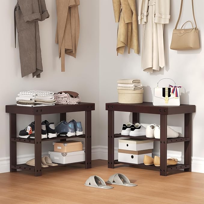 NEWBULIG Shoe Rack Bench, 3-Tier Bamboo Shoe Organizer, Wooden Entryway Storage Bench, 286 lb Load Capacity, 11.2x19.7x17.9 Inches, for Entryway Bathroom Bedroom Balcony, Brown